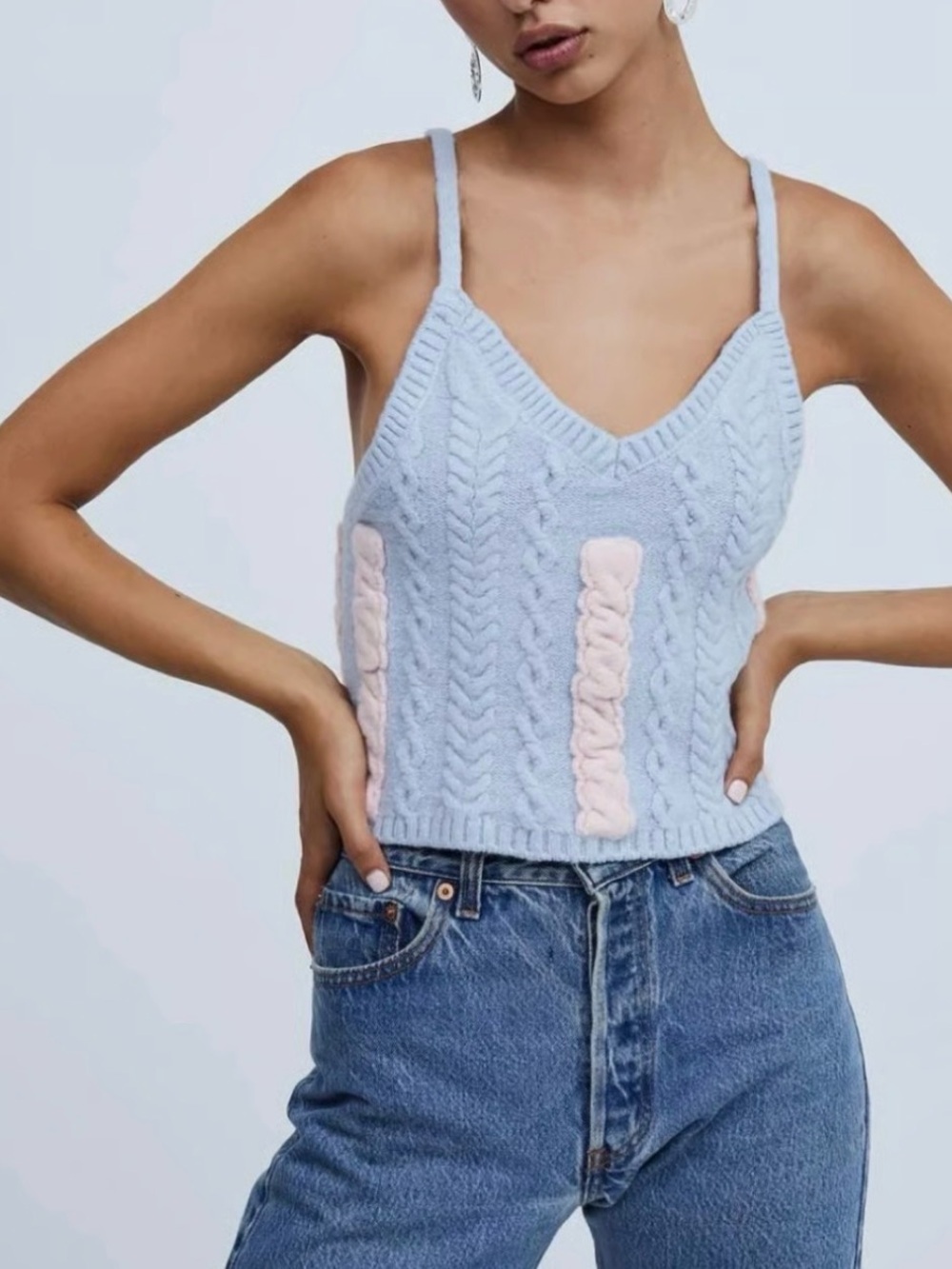 For Love & Lemons Knit Pastel Femme Baby Blue Pink Sweater Tank Top Small